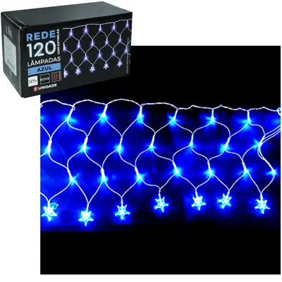REDE 120 LEDS COM ESTRELAS AZUL 127V 60HZ 8 FUNCOES FIO TRANSPARENTE DE NATAL 3MX30CM
