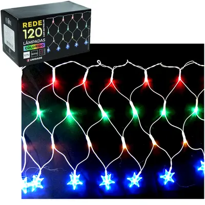 REDE 120 LEDS COM ESTRELAS COLORS 127V 60HZ 8 FUNCOES FIO TRANSPARENTE DE NATAL 3MX30CM