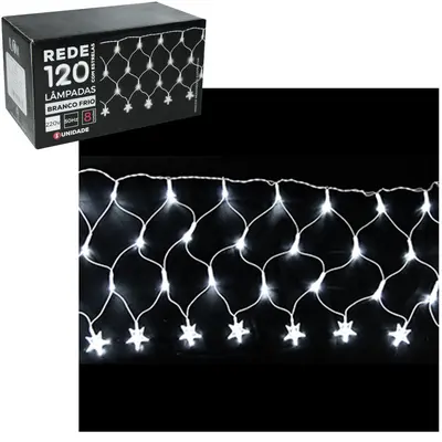 REDE 120 LEDS COM ESTRELAS BRANCO FRIO 220V 50HZ 8 FUNCOES FIO TRANSPARENTE DE NATAL 3MX30CM