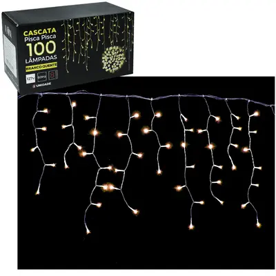 CASCATA 100 LEDS BRANCO QUENTE DE NATAL 127V 8 FUNCOES 2,25MX56CM