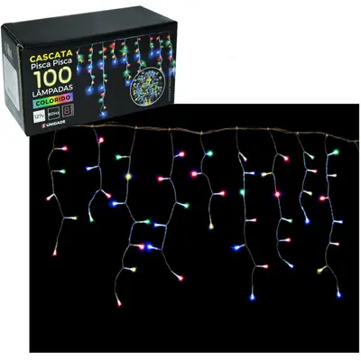 CASCATA 100 LEDS COLORS DE NATAL 127V 60HZ 8 FUNCOES 2,25MX56CM FIO TRANSPARENTE