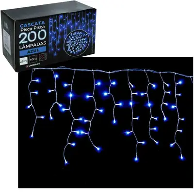 CASCATA 200 LEDS AZUL DE NATAL 220V 50HZ 8 FUNCOES 4,5MX56CM FIO TRANSPARENTE