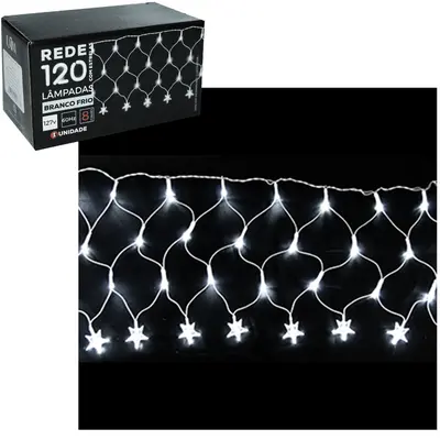 REDE 120 LEDS COM ESTRELAS BRANCO FRIO 127V 60HZ 8 FUNCOES FIO TRANSPARENTE DE NATAL 3MX30CM