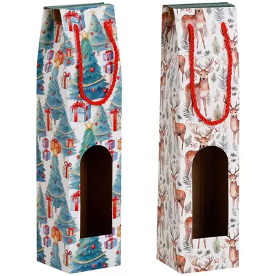 BOLSA SACOLA DE PAPEL JANELA PARA GARRAFA DE VINHO FIGURAS NATALINAS 38,5X9X9CM