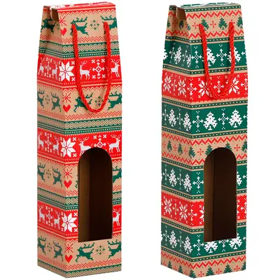 BOLSA SACOLA DE PAPEL JANELA PARA GARRAFA DE VINHO FIGURAS NATALINAS 38,5X9X9CM