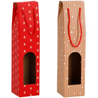BOLSA SACOLA DE PAPEL JANELA PARA GARRAFA DE VINHO ARVORE / NEVE DE NATAL 38,5X9X9CM