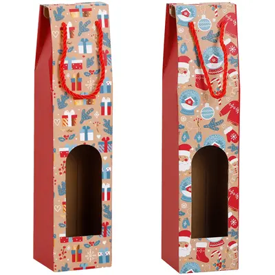 BOLSA SACOLA DE PAPEL JANELA PARA GARRAFA DE VINHO FIGURAS NATALINAS 38,5X9X9CM