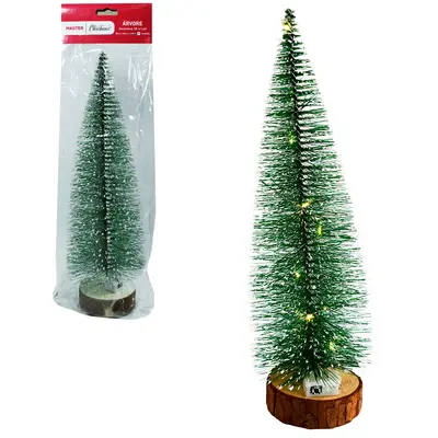 ENFEITE ARVORE DE NATAL COM SUPORTE DE MADEIRA E LED A BATERIA 30X10CM