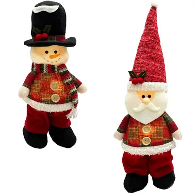 ENFEITE PAPAI NOEL / BONECO DE NEVE XADREZ DE NATAL COM LED A BATERIA 48X18CM