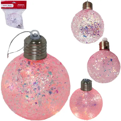 BOLA DE NATAL 8CM DE Ø ROSA LAMPADA ILUMINADA COM LED E GLITER / ESTRELAS