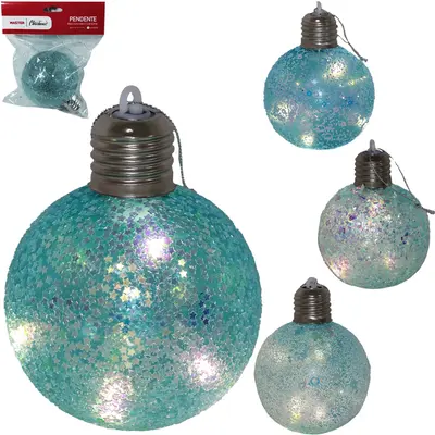 BOLA DE NATAL 8CM DE Ø AZUL LAMPADA ILUMINADA COM LED E GLITER / ESTRELAS