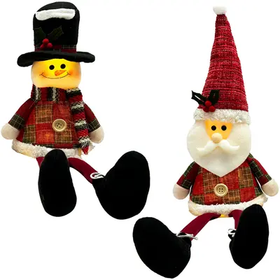 PAPAI NOEL / BONECO DE NEVE DE PELUCIA XADREZ COM PERNAS MOLE DE NATAL E LED 50X18CM