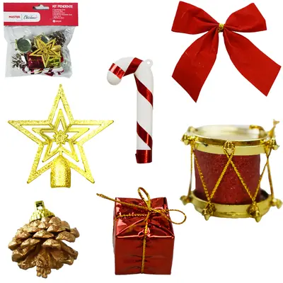 KIT PENDENTE COM TAMBOR + PONTEIRA + LACO E ACESSORIOS DE NATAL 10 PECAS