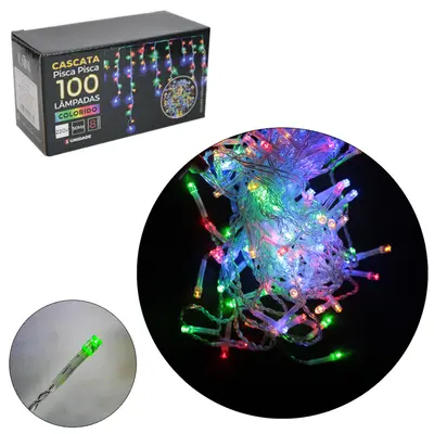 CASCATA 100 LEDS COLORS DE NATAL 220V 50HZ 8 FUNCOES 2,25MX56CM FIO TRANSPARENTE