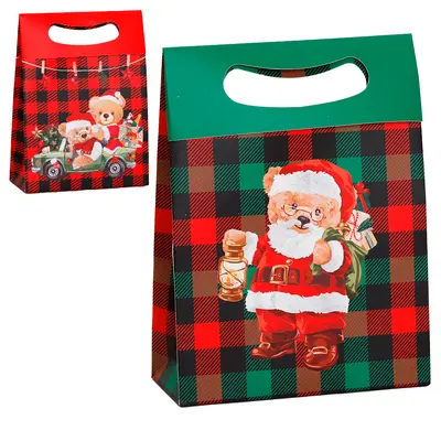 BOLSA SACOLA DE PAPEL PARA PRESENTE XADREZ URSO NATALINO 38,5X28X10CM