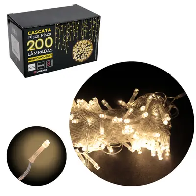 CASCATA 200 LEDS BRANCO QUENTE DE NATAL 220V 50HZ 8 FUNCOES 4,5MX56CM FIO TRANSPARENTE
