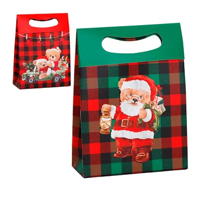 BOLSA SACOLA DE PAPEL PARA PRESENTE XADREZ URSO NATALINO 24X18X7,5CM