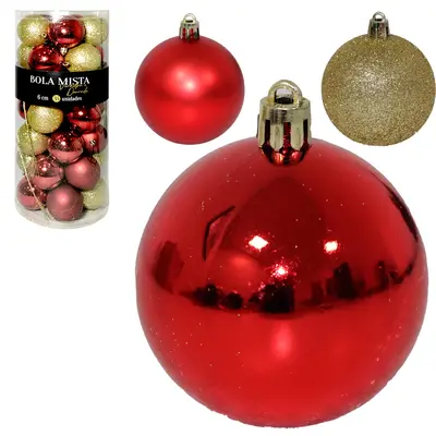 BOLA DE NATAL 6CM DE Ø DOURADA E VERMELHA MISTA LISA / FOSCA / GLITTER DECORADA COM 35 PECAS NO TUBO
