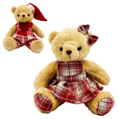 ENFEITE URSO DE PELUCIA XADREZ VERMELHO DE NATAL 20CM