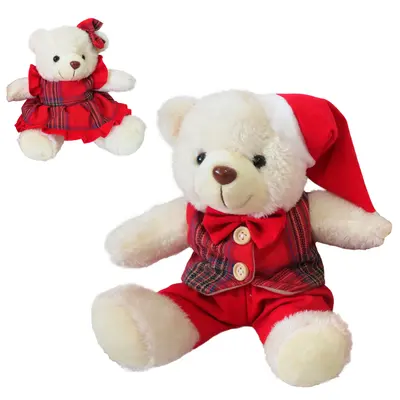 ENFEITE URSO DE PELUCIA XADREZ VERMELHO DE NATAL 20CM