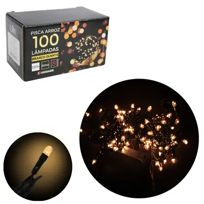 PISCA 100 MINI LAMPADAS BRANCO QUENTE 220V 50HZ 8 FUNCOES 3,5M FIO VERDE ARROZINHO DE NATAL