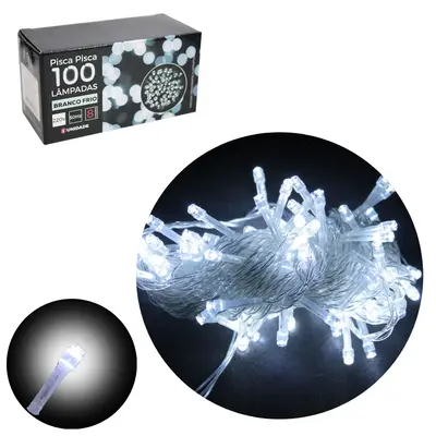 PISCA 100 LEDS BRANCO FRIO 220V 50HZ 8 FUNCOES 9M FIO TRANSPARENTE DE NATAL