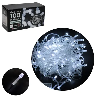PISCA 100 LEDS BRANCO FRIO 127V 60HZ 8 FUNCOES 9M FIO TRANSPARENTE DE NATAL