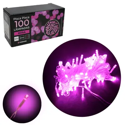 PISCA 100 LEDS ROSA 127V 60HZ 8 FUNCOES 9M FIO TRANSPARENTE DE NATAL