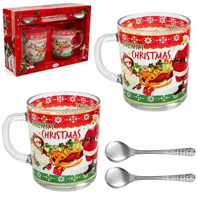 JOGO DE CANECA XICARA DE NATAL DE VIDRO PARA CAFE / CAPPUCCINO + COLHER COM 4 PECAS 250ML NA CAIXA