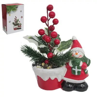 FLOR PERMANENTE COM PAPAI NOEL / BONECO DE NEVE DE PORCELANA DE NATAL 19X11X5,5CM