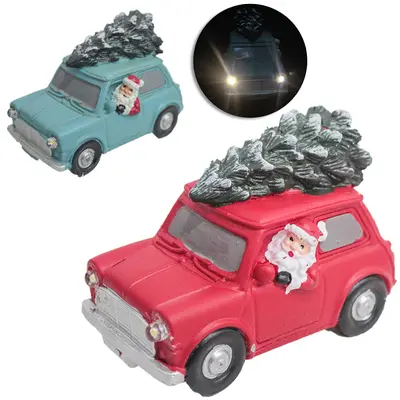 CARRO DE RESINA COM PAPAI NOEL E ARVORE E LED A PILHA DE NATAL 8,5X4,5CM