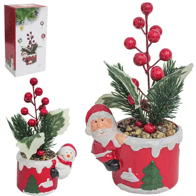 FLOR PERMANENTE COM PAPAI NOEL / BONECO DE NEVE DE PORCELANA DE NATAL 18X7X6CM