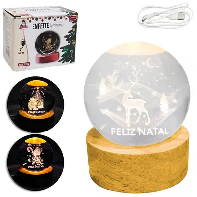 ENFEITE LUMINOSO DECORATIVO ESFERA DE VIDRO DE NATAL COM BASE DE MADEIRA + 6 LEDS USB
