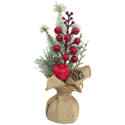 SACO DE RAFIA COM AZEVINHOS + PINHA DE NATAL 21CM