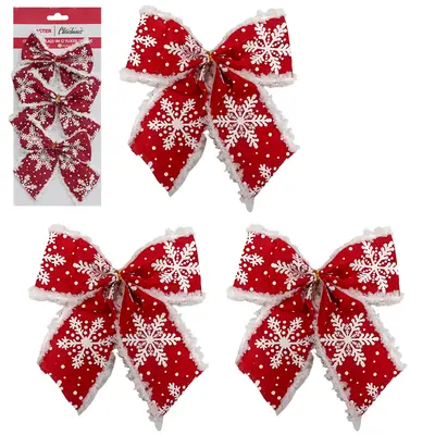 LACO VERMELHO COM FLOCOS DE NENE DE NATAL COM 3 PECAS 12X10CM