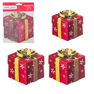 PENDENTE CAIXA CUBO PRESENTE DE NATAL COM 3 PECAS 15CM