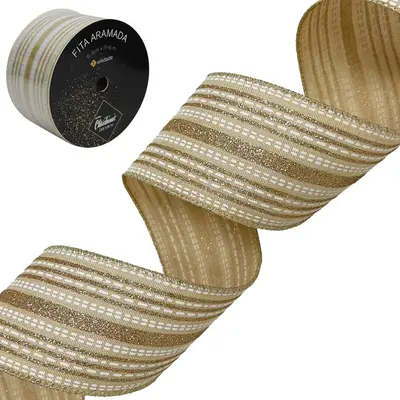 FITA ARAMADO CREME COM LINHAS GLITTER DR PREMIUM DE NATAL 6,3X914CM DP PLAY