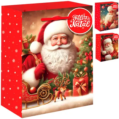 BOLSA SACOLA DE PAPEL PARA PRESENTE PAPAI NOEL DE NATAL 40X30X12CM