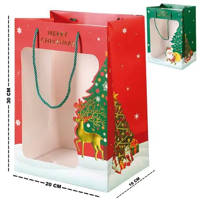 BOLSA SACOLA DE PAPEL JANELA VISOR DE NATAL 30X20X16CM