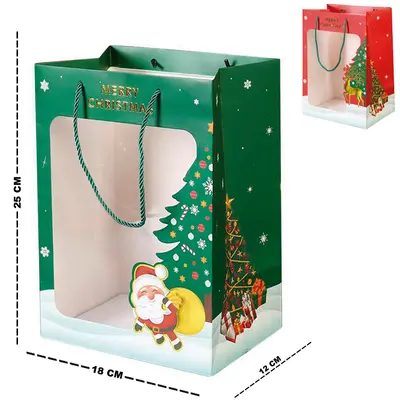 BOLSA SACOLA DE PAPEL JANELA VISOR DE NATAL 25X18X12CM