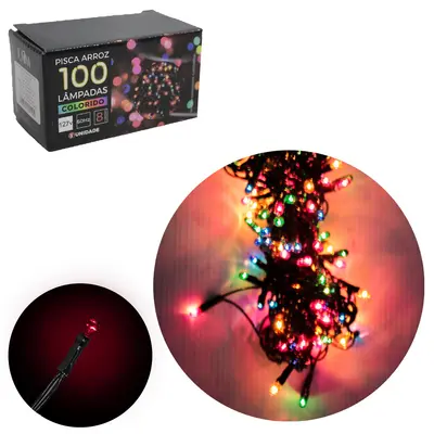 PISCA 100 MINI LAMPADAS COLORS 127V 60HZ 8 FUNCOES 3,5M FIO VERDE ARROZINHO DE NATAL