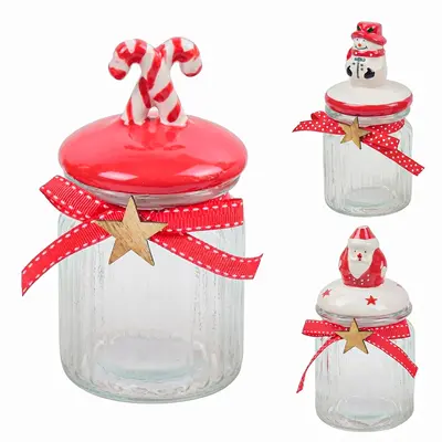 POTE DE VIDRO DE NATAL REDONDO CANELADO COM TAMPA HERMETICA DE PORCELANA 300ML