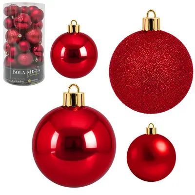 BOLA DE NATAL 4 / 5 / 6CMØ VERMELHA MISTA FOSCA / LISA / GLITTER COM 30 PECAS NO TUBO
