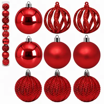 BOLA DE NATAL 6CM DE Ø VERMELHA MISTA 3D FOSCA / LISA / VAZADA COM GLITTER 9 PECAS NO TUBO