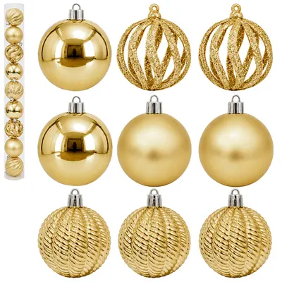 BOLA DE NATAL 6CM DE Ø DOURADA MISTA 3D FOSCA / LISA / VAZADA COM GLITTER 9 PECAS NO TUBO