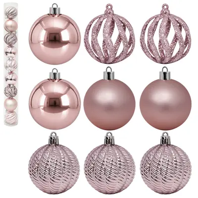BOLA DE NATAL 6CM DE Ø ROSE MISTA 3D FOSCA / LISA / VAZADA C/GLITTER 9 PECAS NO TUBO