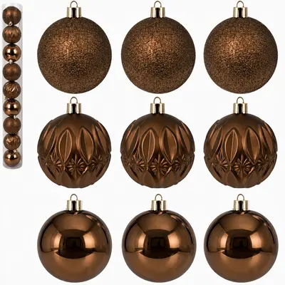BOLA DE NATAL 6CM DE Ø COBRE MISTA LISA / LOSANGO FOSCA / GLITTER 9 PECAS NO TUBO