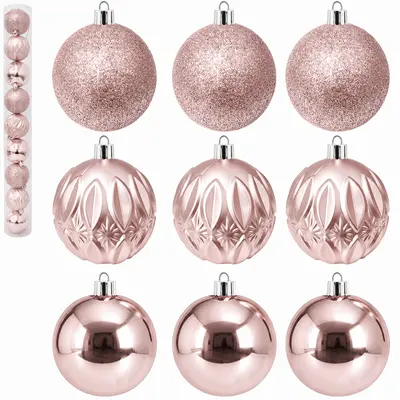 BOLA DE NATAL 6CM DE Ø ROSE MISTA LISA / LOSANGO FOSCA / GLITTER 9 PECAS NO TUBO