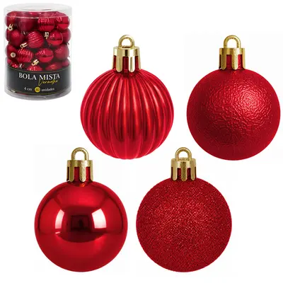 BOLA DE NATAL 4CM DE Ø VERMELHA MISTA GLITTER / ENRUGADA / LISA / ONDULADA PREMIUM COM 40 PECAS NO TUBO