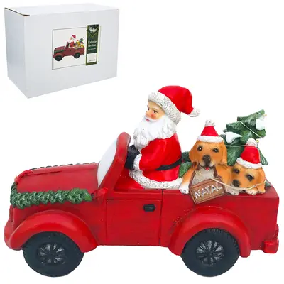 ENFEITE PAPAI NOEL NO CARRO COM CACHORRO + ARVORE NATAL DE RESINA COM LED BATERIA PREMIUM 20X13,5X9CM